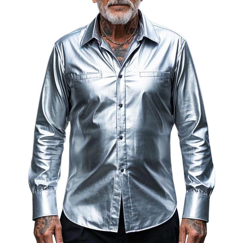 Men's Casual Fashion Lapel Silver Long Sleeve Leather Shirt 02677407F