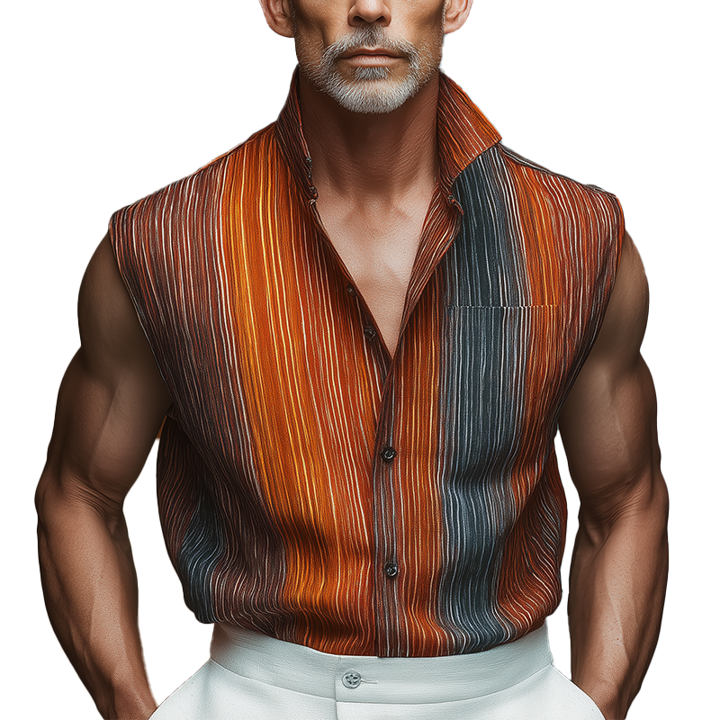 Men's Summer Retro Gradient Stripe Print Cotton Blend Sleeveless Shirt MTA1052G8P