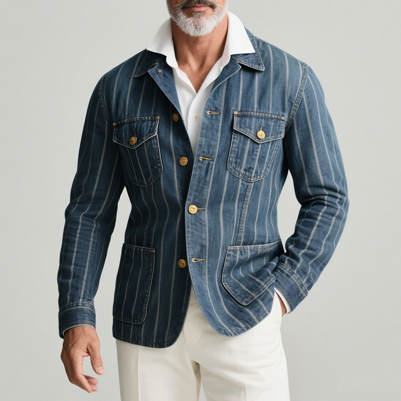 Men's Striped Denim Lapel Multi-pocket Single Breasted Jacket MTA2460G3Z