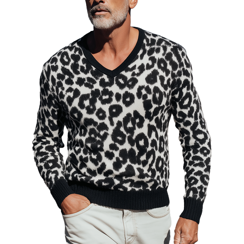 Men's Vintage Knitted Leopard Print V-Neck Sweater MTA1437H0P