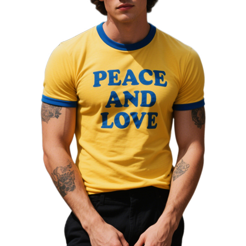 Men's Retro Casual Cotton PEACE AND LOVE Printed Round Neck Short Sleeve T-Shirt MTA2918E9TO