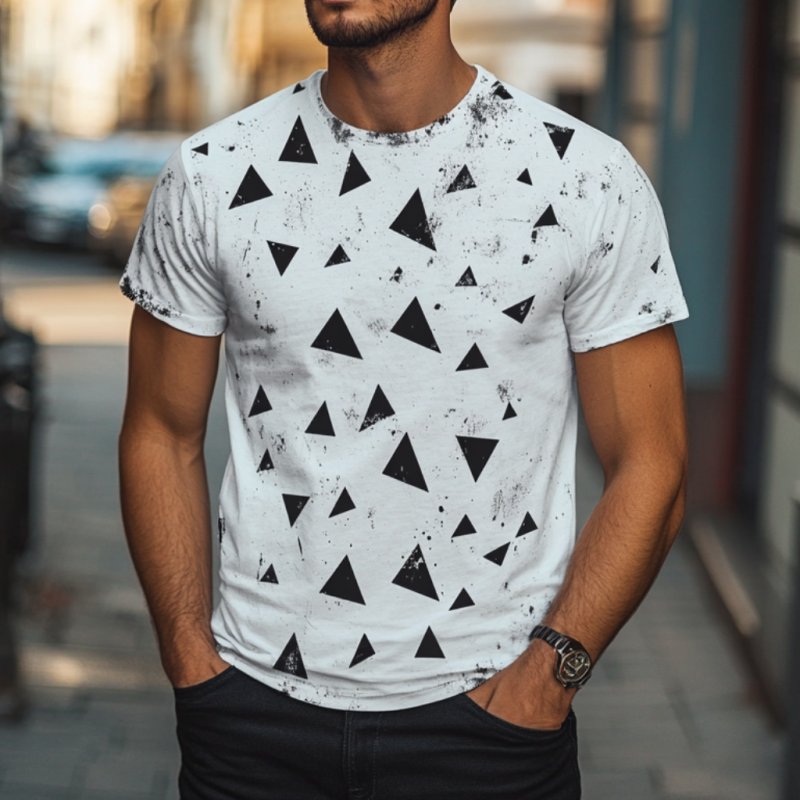 Men's Casual Distressed Triangle Print Round Neck Slim Fit Short Sleeve T-shirt MTA1575E7M