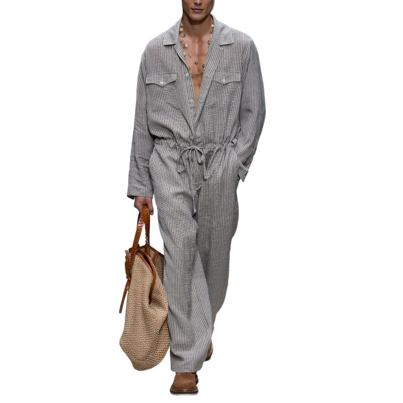 Men's Striped Lapel Chest Pocket Long Sleeve Drawstring Waist Jumpsuit MTA0688H4Z