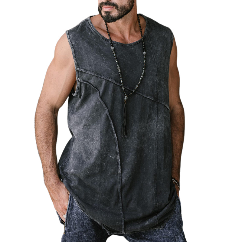 Men's Cotton Batik Panelled Crew Neck Tank Top MTA0443G9TO