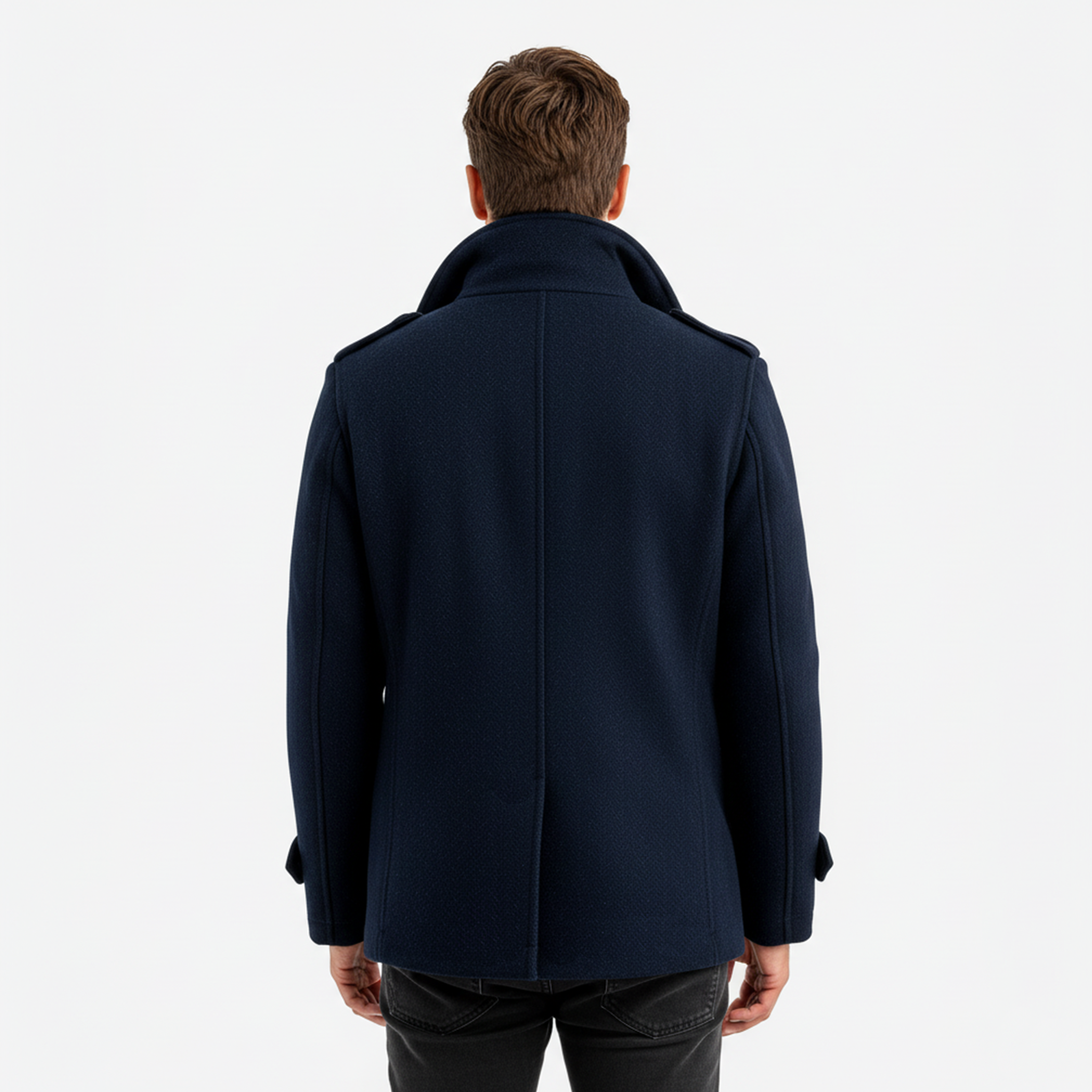 Men's Classic Retro Lapel Navy Blue Double-breasted Faux Woolen Short Coat MTA2644I9K