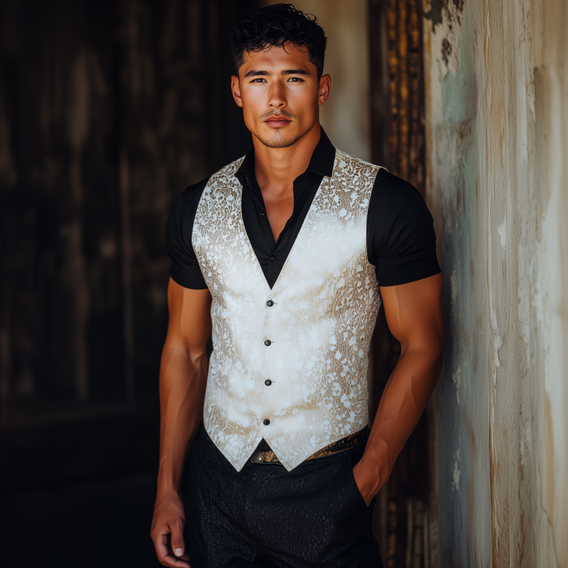 Men's Vintage Elegant Satin Jacquard V-neck Single-breasted Slim Suit Vest MTA2467G3M