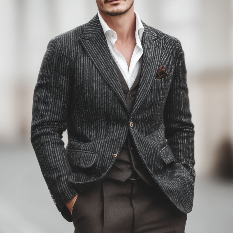 Men's Vintage Wool Blend Striped Peak Lapel Single-breasted Slim-fit Warm Blazer MTA1850H2M