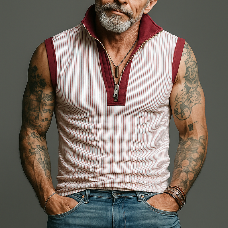 Men's Summer Cotton Blended Retro Stitching Sleeveless Zipper Tank Top MTA1441G9P
