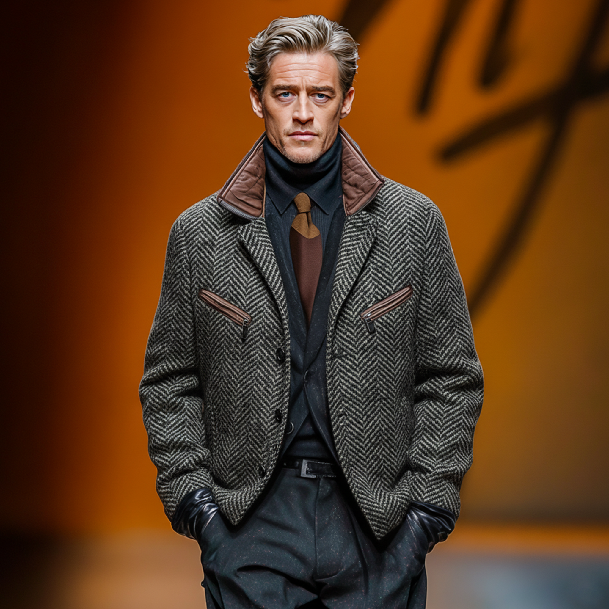 Men's Classic Retro Stand Collar Faux Herringbone Woolen Multi-pocket Jacket MTA1158J4K