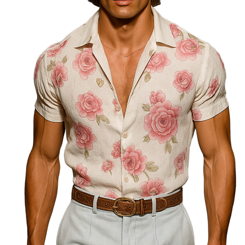 Herreskjorte med korte ermer og blomstertrykk i vintage-stil, lin og slag, MTA2024E3TO