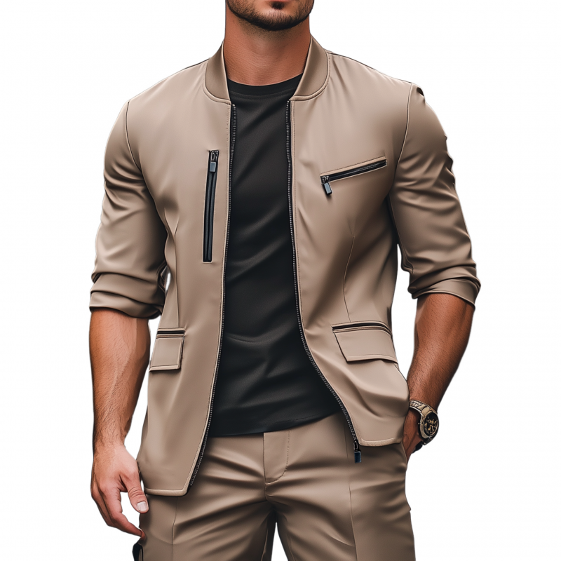 Men's Stylish Solid Color Satin Stand Collar Zipper Placket Multi-Pocket Slim Fit Jacket MTA2874G4M
