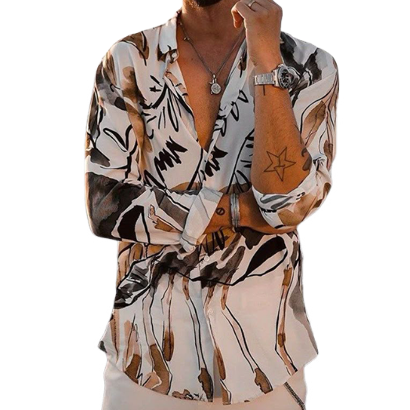 Men's Fashion Casual Art Print Chiffon Long Sleeve Shirt 15604158K