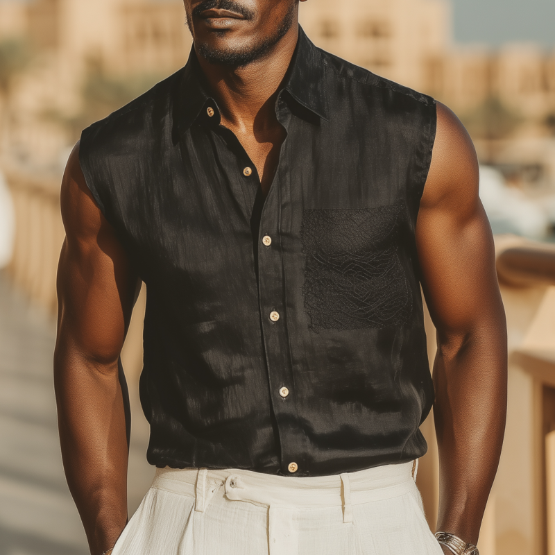 Men's Casual Solid Color Tencel Blended Lapel Lace Patch Pocket Slim Fit Sleeveless Shirt MTA1451G4M
