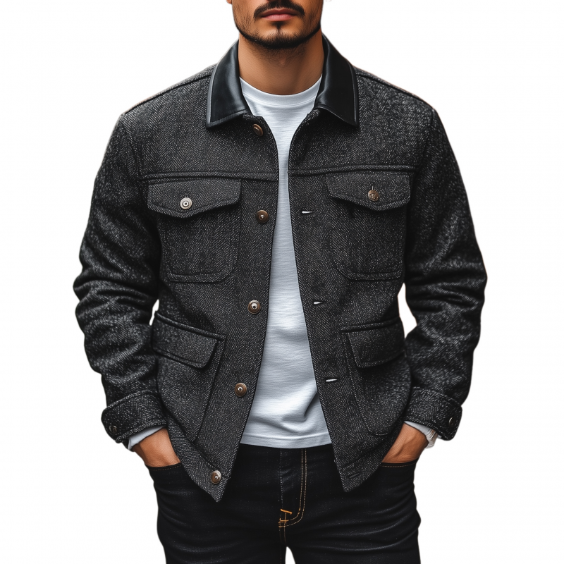 Men's Vintage Herringbone Blend PU Lapel Patchwork Single-breasted Multi-pocket Work Jacket MTA0695H5M