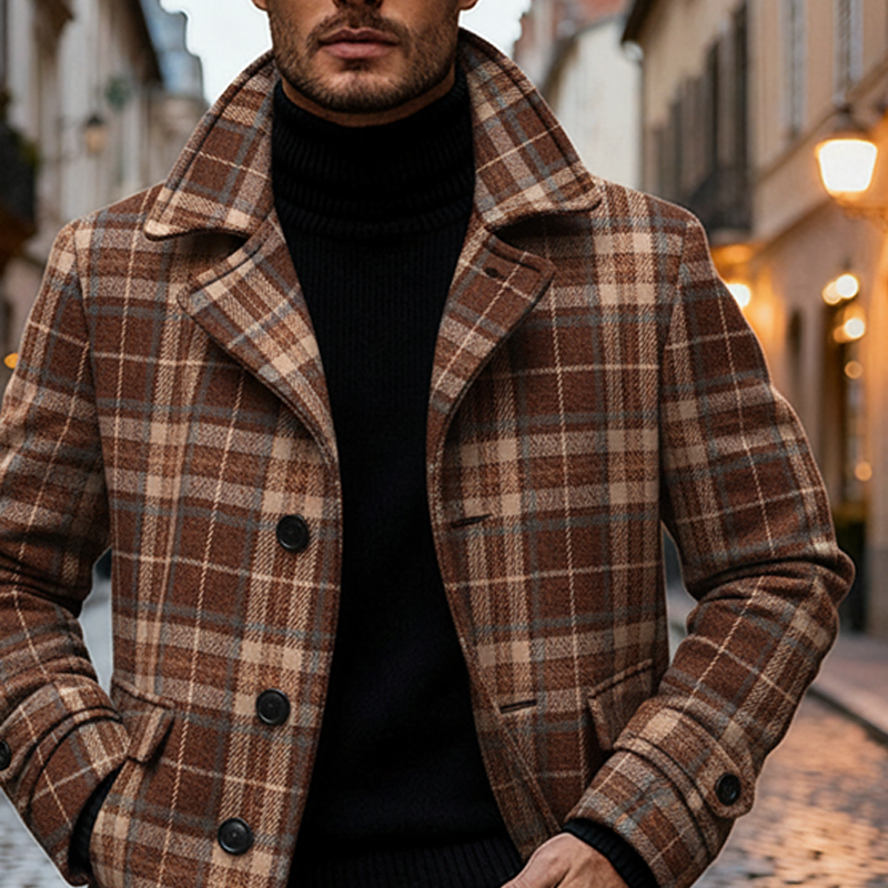 Men's Brushed Plaid Jacquard Lapel Mid-length Coat MTA2440K4X