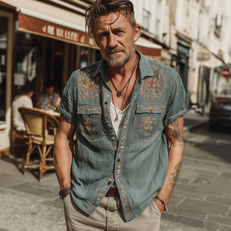 Men's Summer Retro Embroidered Cotton And Linen Short Sleeve Shirt MTA1888F1U