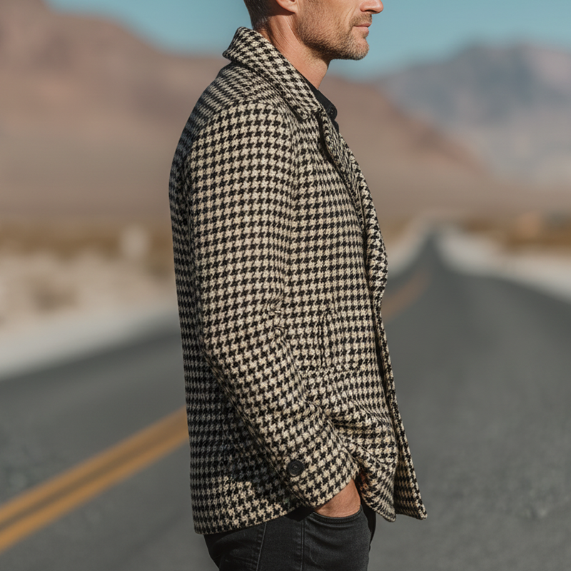 Men's Winter Fashion Houndstooth Imitation Wool Double-breasted Lapel Short Coat MTA2665I6P
