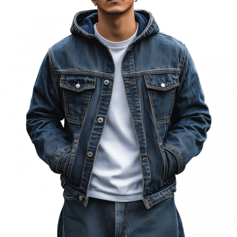 Men's Casual Outdoor Denim Washed Distressed Hooded Single-breasted Loose Bomber Jacket MTA1405H6M