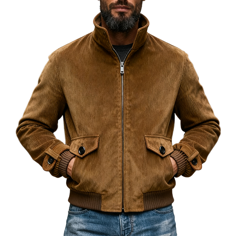 Men's Vintage Corduroy Stand Collar Zip-Up Jacket MTA2093J9X