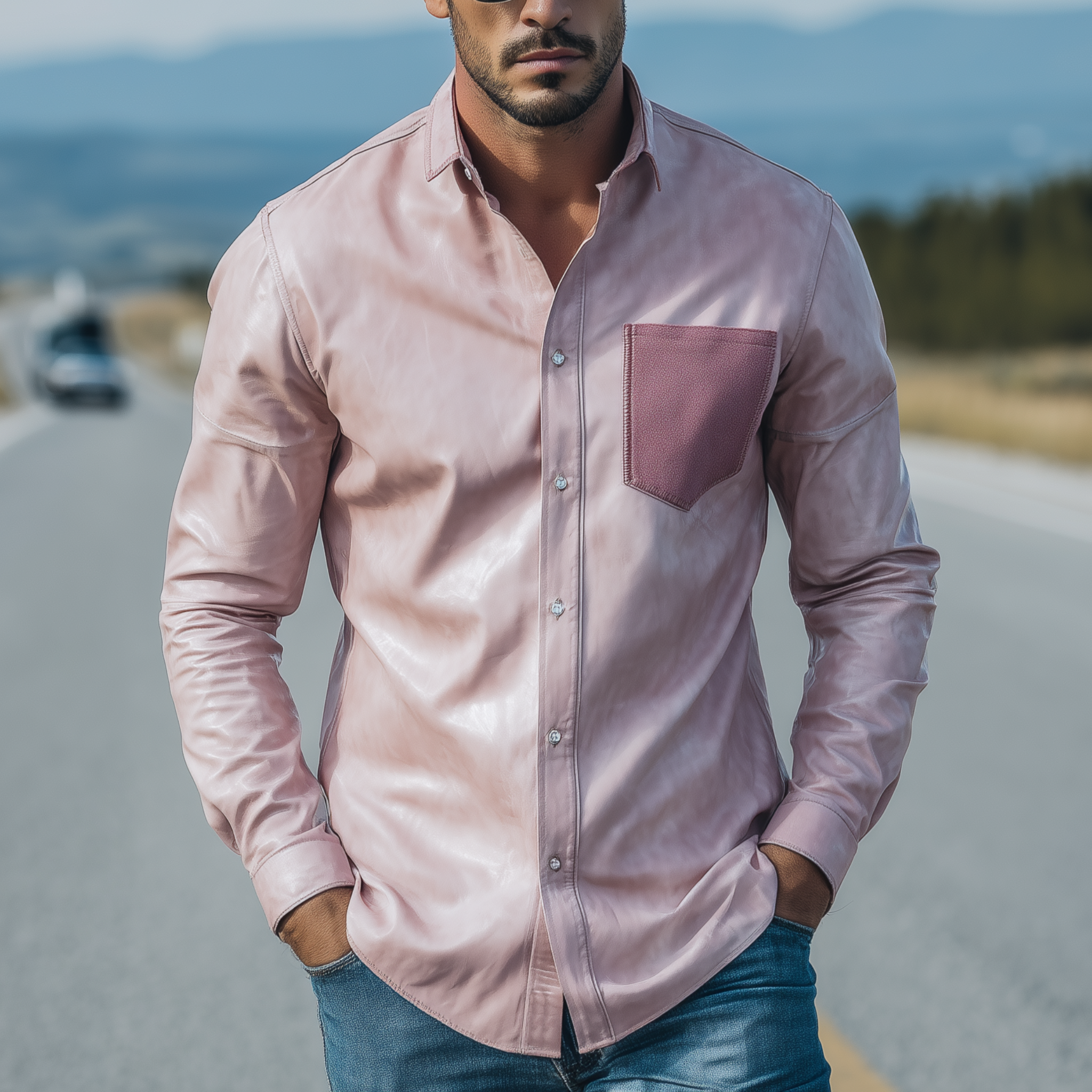 Men's Classic Casual Pocket Suede Slim Fit Pink Pu Leather Long Sleeve Shirt MTA1546H7K