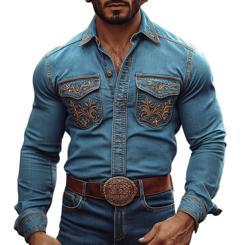 Vestlig cowboystil for menn, brodert jakkeslag, brystlomme, langermet dongeriskjorte 49834284Z