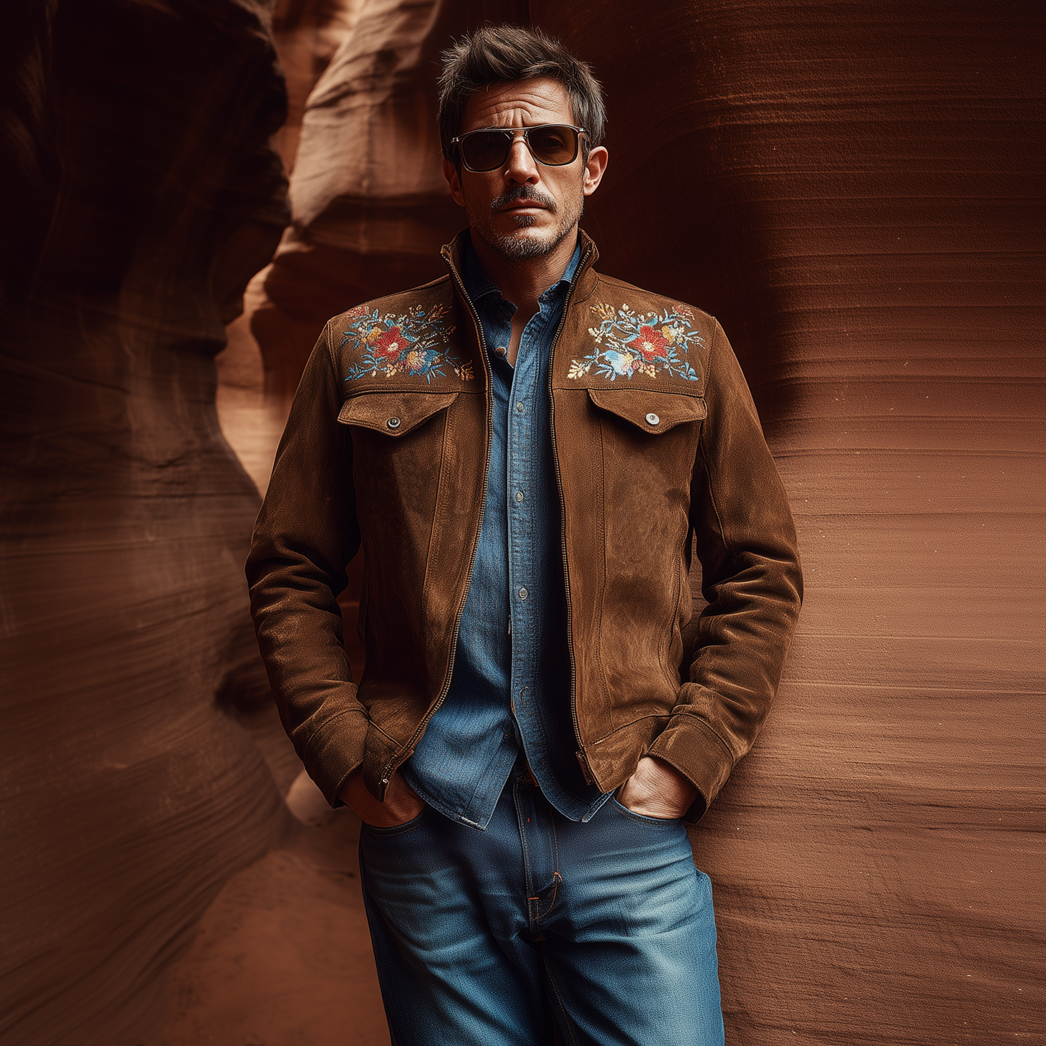 Men's Classic American Retro Western Style Stand Collar Embroidered Suede Jacket MTA2162H3K