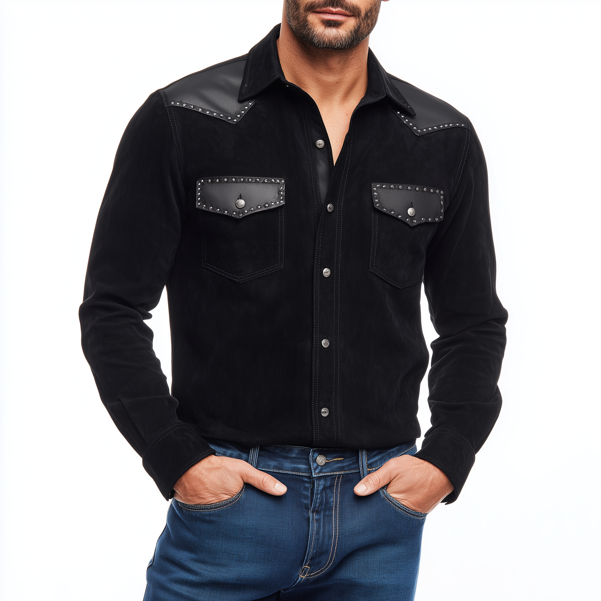 Men's Classic Retro Western Cowboy Style Suede Stitching PU Leather Metal Rivet Decorated Long Sleeve Shirt MTA0609H9K