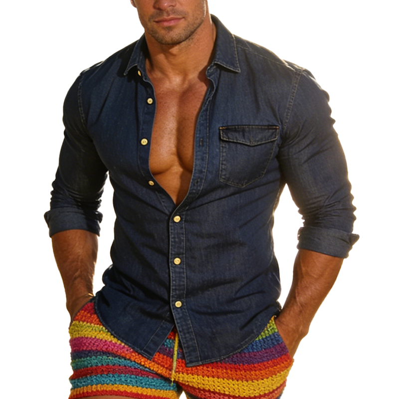 Men's Spring/Summer Fashion Slim-Fit Long-Sleeved Shirt With Slight Stretch (Denim-like Fabric) MTZ0692B8P