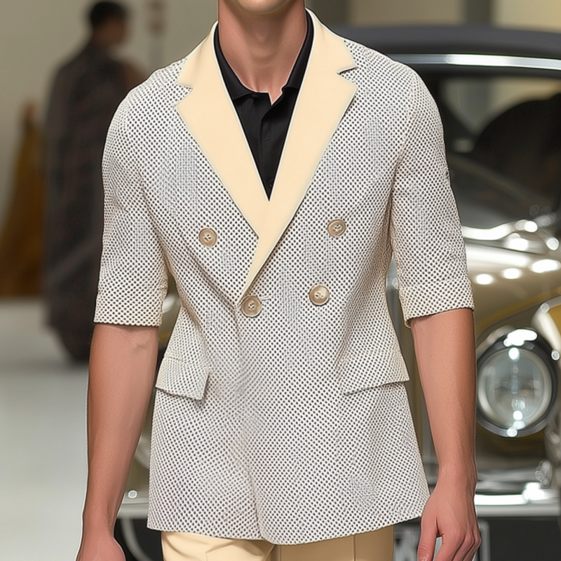 Men's Stylish Polka Dot Contrast Color Stitching Notch Lapel Double-breasted Slim-fit Blazer MTA2732F7M