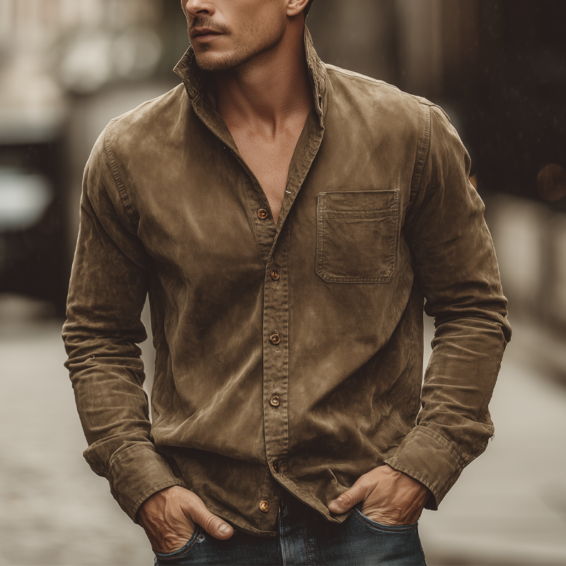 Men's Vintage Suede Lapel Long-sleeved Shirt MTA0736H2X