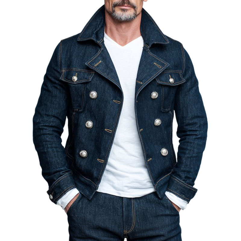 Men's Vintage Washed Solid Color Double Breasted Lapel Denim Jacket MTA1960I1X