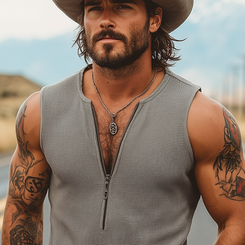 Men's Casual Classic American Western Tough Guy Style Knitted Waffle Deep V-neck Zipper Slim Tank Top MTA2861E7K