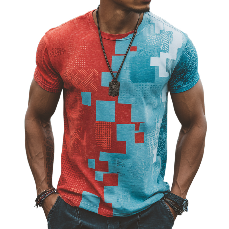 Herre retro casual kontrastfarget geometrisk trykk rund hals kortermet T-skjorte MTA1866G6TO