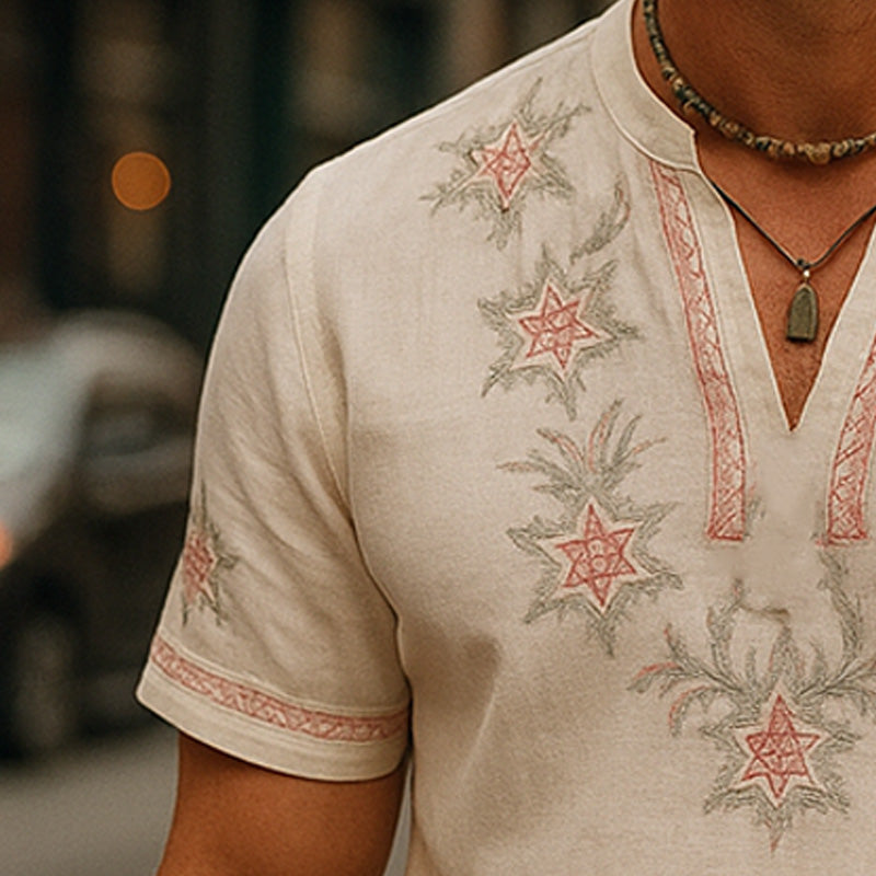 Men's Summer Breathable And Comfortable Embroidered Light Linen Short-Sleeved Shirt MTA2368E0P