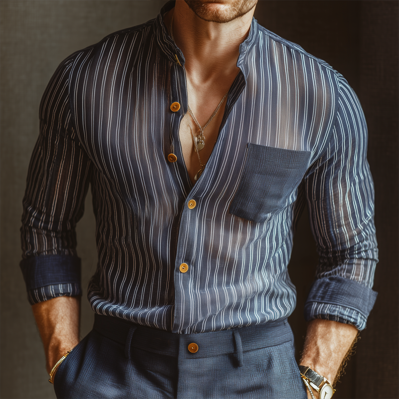 Men's Business Chiffon Striped Stand Collar Long Sleeve Shirt MTA0289H8U