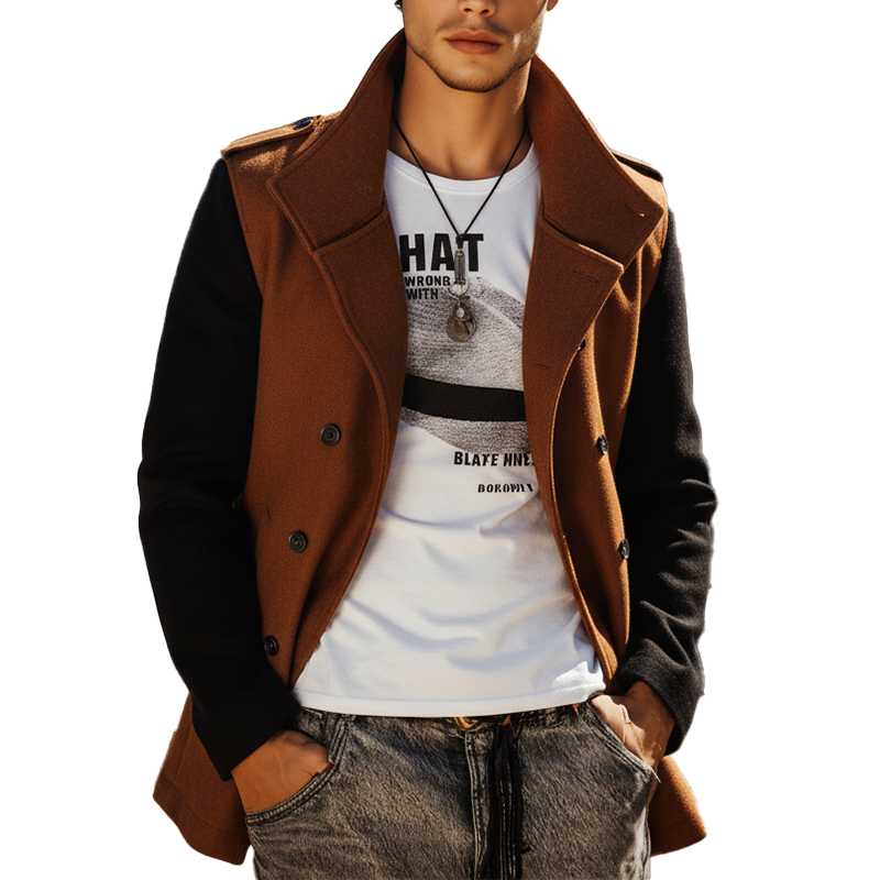 Men's Winter Fashion Patchwork Sleeves Faux Wool Double-breasted Coat MTA2845I4P