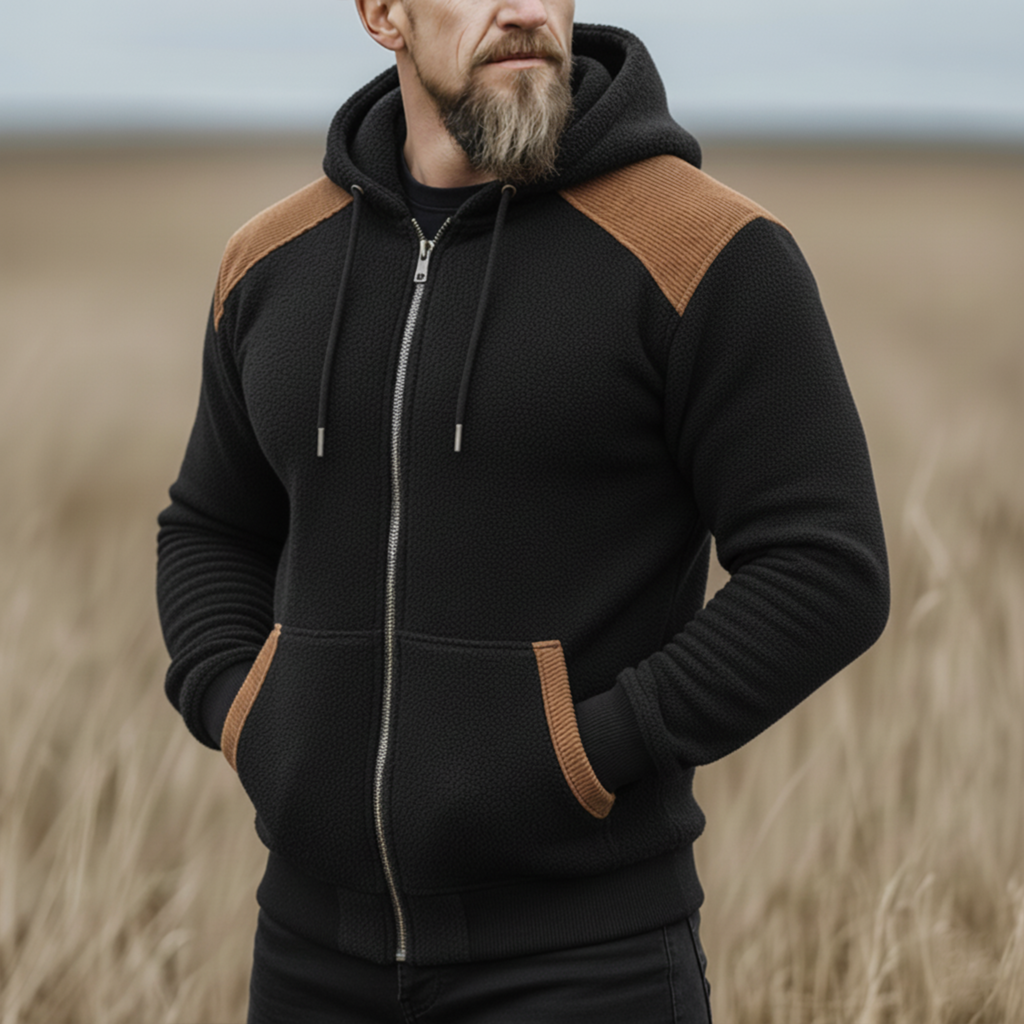 Men's Classic Western Style Corduroy Patchwork Polar Fleece Hooded Zip-up Jacket MTA2219J7K