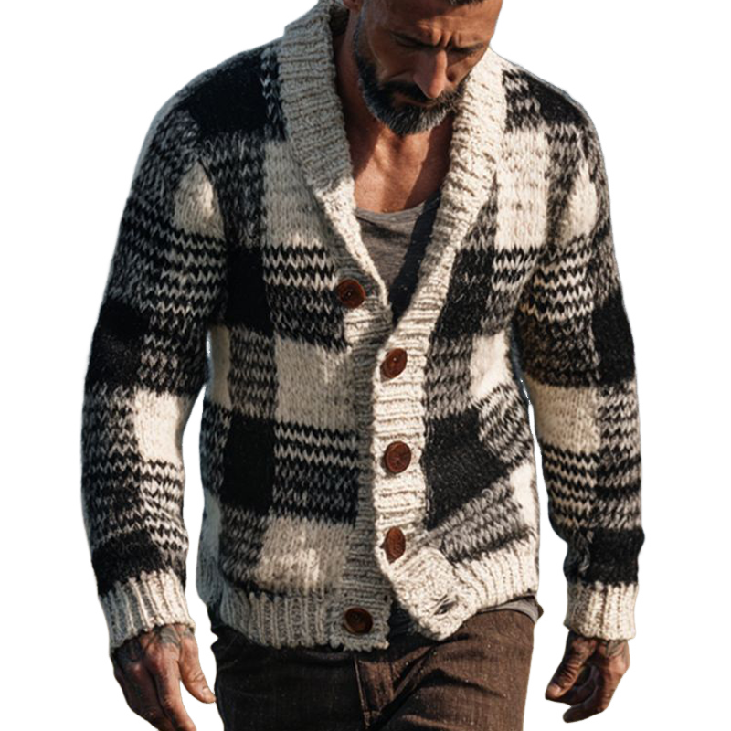 Men's Casual Plaid Jacquard Collared Knit Cardigan MTA1967K2X