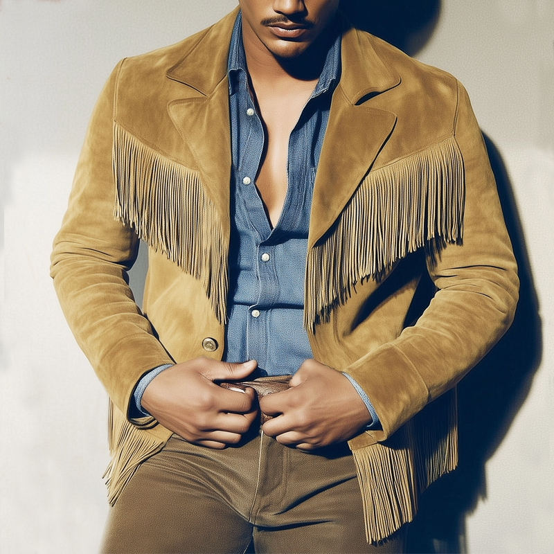 Men's Western Style Notched Lapel Fringe Suede Jacket MTA2602H8U