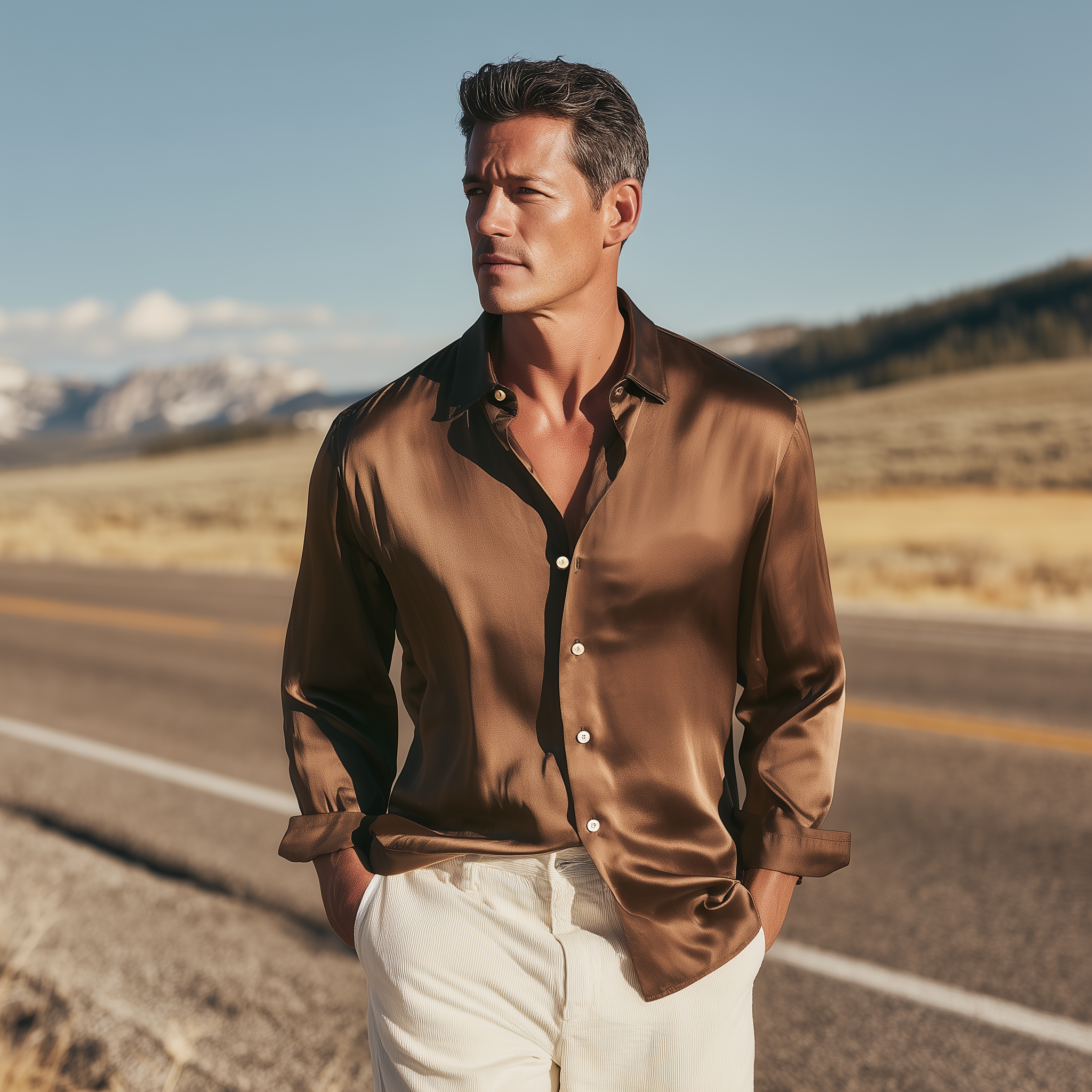Men's Classic Casual Satin Solid Lapel Long-sleeved Shirt MTA0441H5K