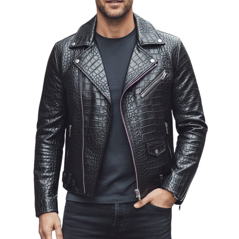 Men's Solid Color Imitation Crocodile Leather Lapel Motorcycle PU Jacket MTA1007I5X