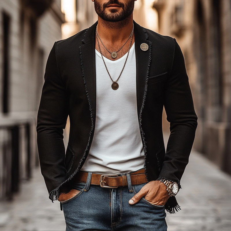 Men's Casual Linen Notch Lapel Single-breasted Patch Pocket Tassel Trim Slim-fit Blazer MTA2159E2M