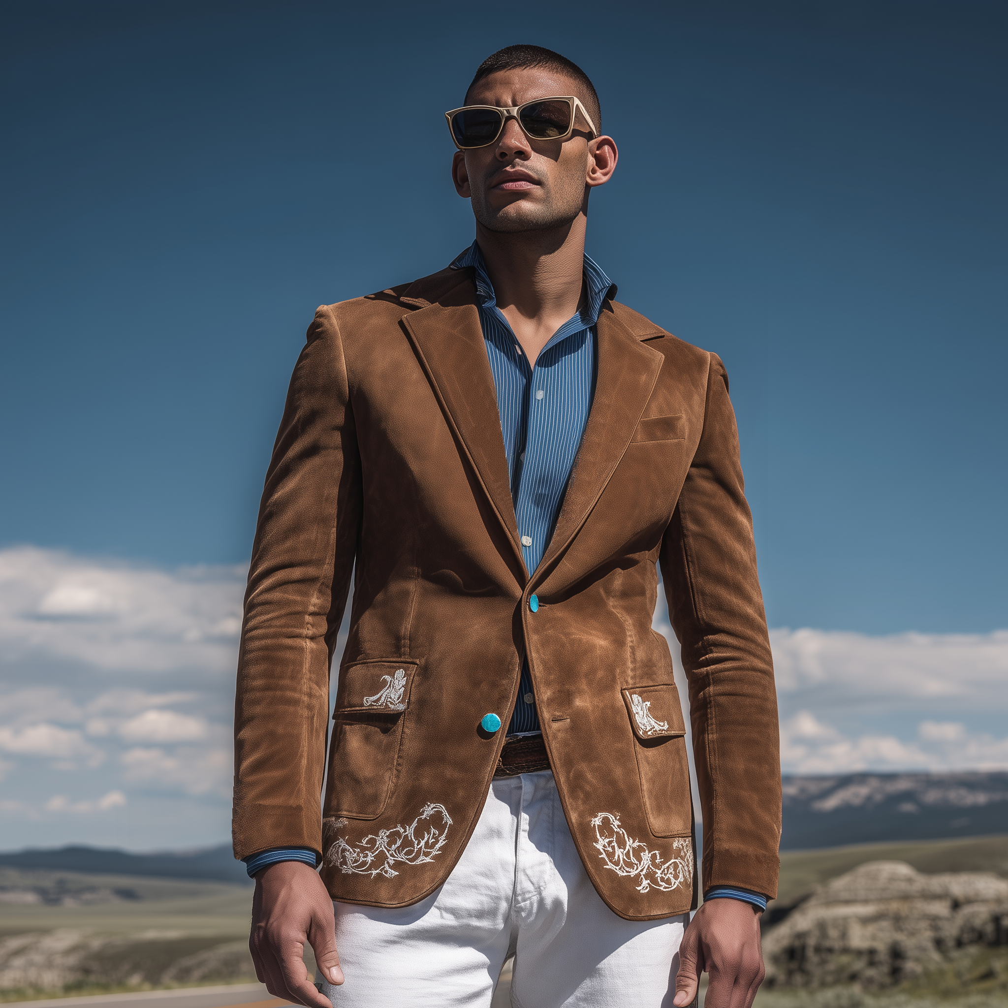 Men's Classic American Retro Western Embroidered Suede Single-breasted Blazer MTA1917H8K