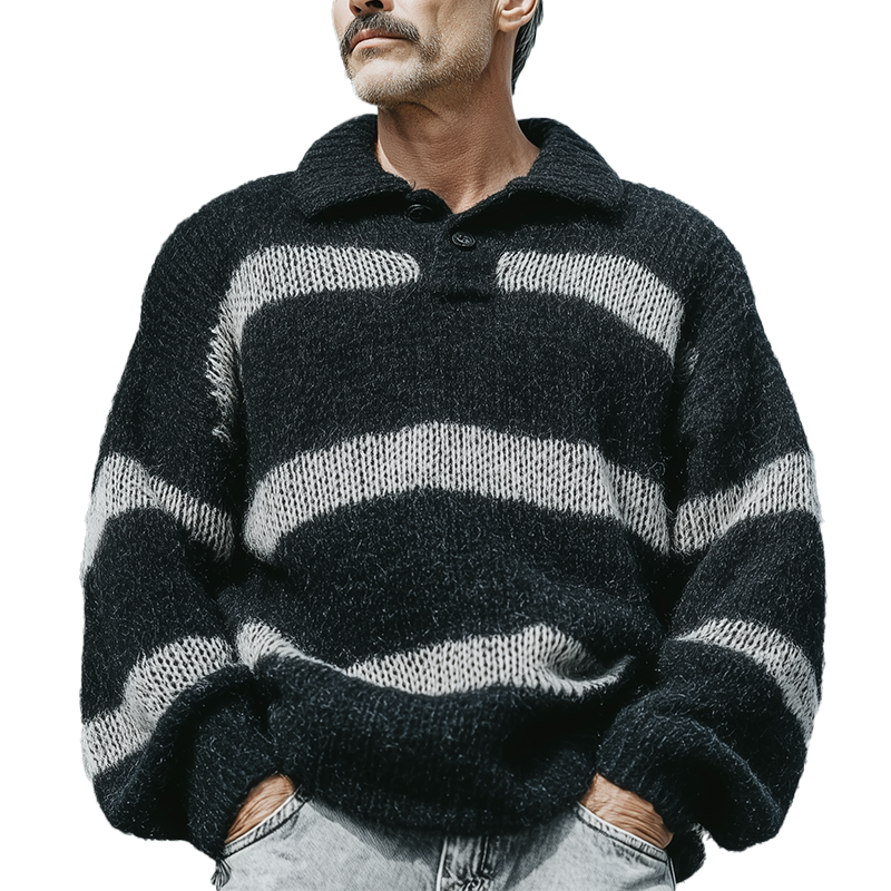 Men's Autumn Fashion Striped Cotton And Mohair Blend Polo Collar Loose Sweater MTA1769I9P