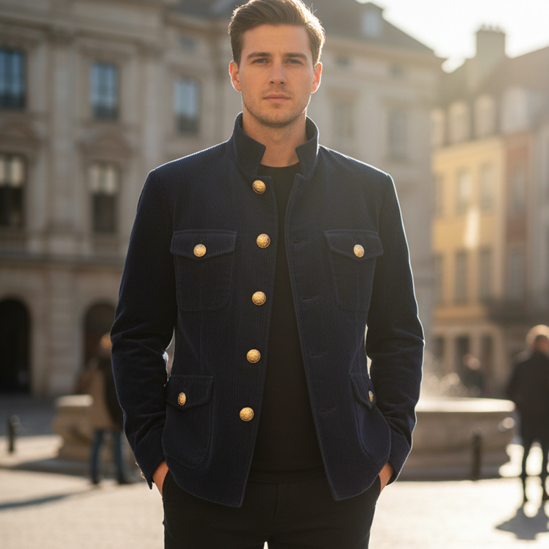 Men's Classic Stand Collar Navy Corduroy Button-Down Jacket MTA1597I5U
