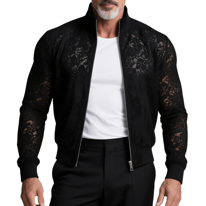 Men's Solid Lace Stand Collar Zipper Slim Jacket MTA2830G2Z