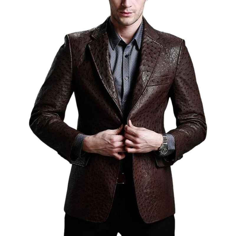 Men's Classic Vintage Textured Leather Single Breasted Blazer 46068219K