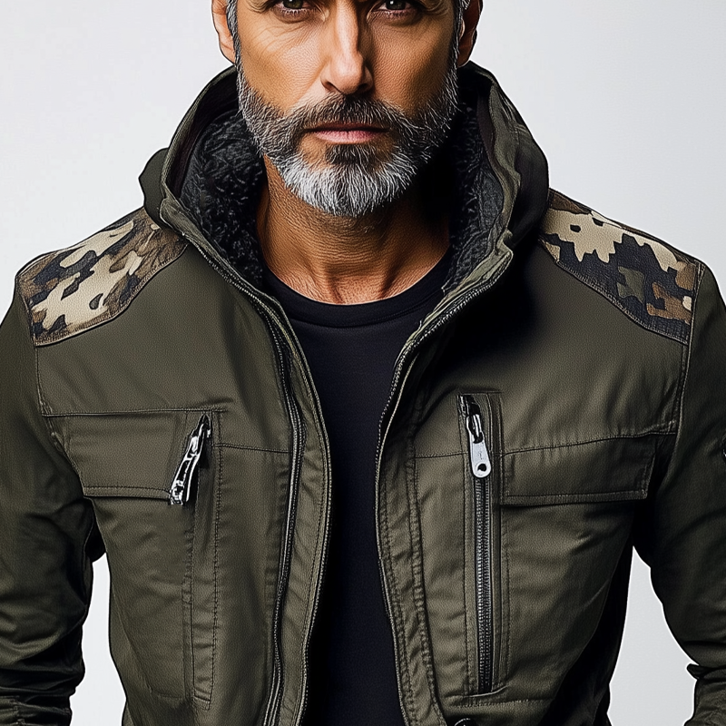 Men's Camouflage Contrast Multi-pocket Hooded Jacket MTA3189G8X