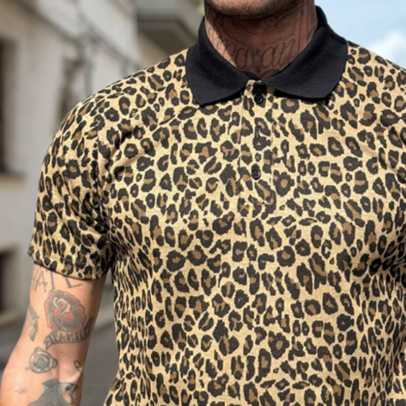 Men's Retro Casual Leopard Print Lapel Short Sleeve Polo Shirt MTA2144G1TO