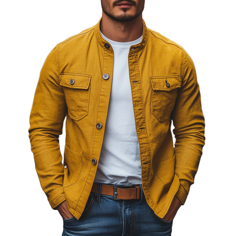 Men's Casual Breathable Solid Color Cotton Stand Collar Single Breasted Multi-pocket Cargo Jacket MTA0347G1M